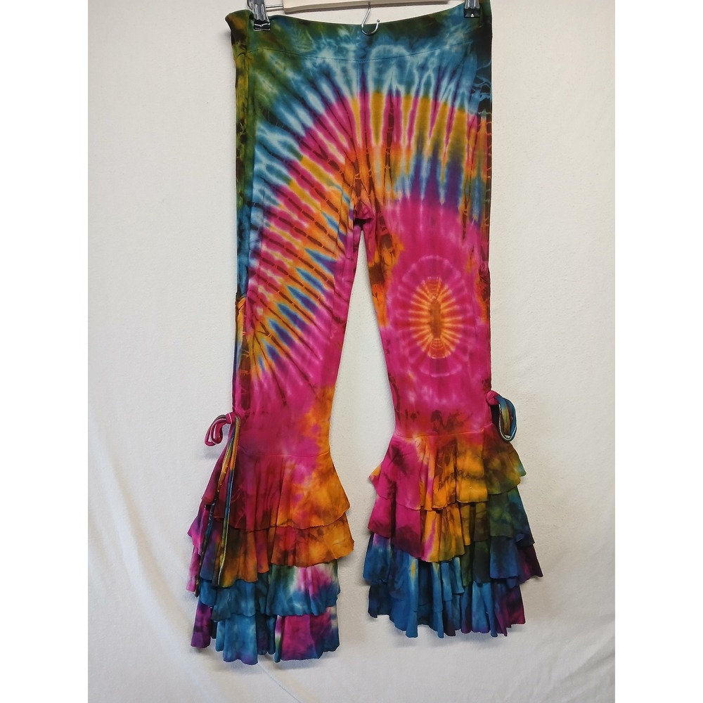 Tie dye Ruffled bell bottom rave retro whimsigoth festival pants M/L  rainbow - Picture 6 of 6